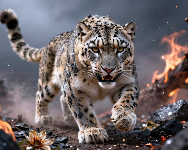 Snow leopard in dynamic pose in desolate landscape