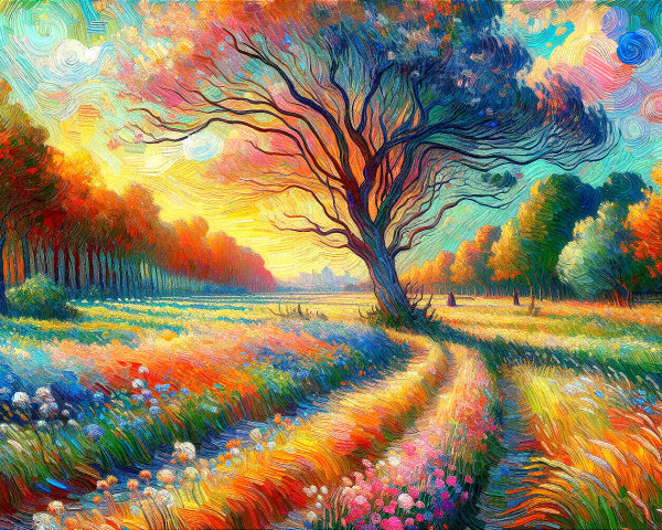 Vibrant Landscape with Colorful Meadow and Trees