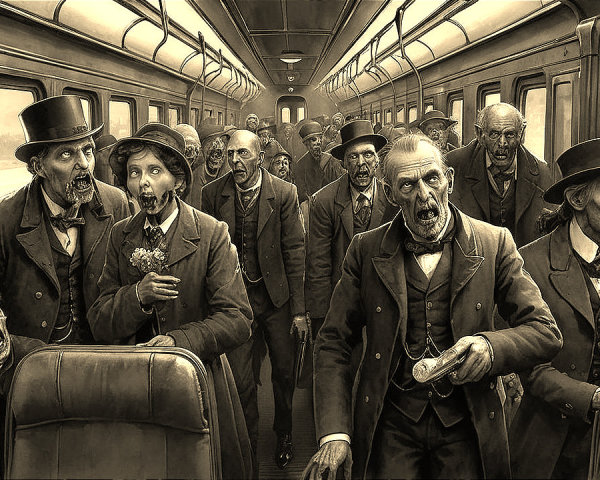 Vintage train carriage with eerie zombie figures
