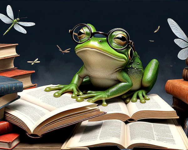 Whimsical Frog with Glasses Among Open Books