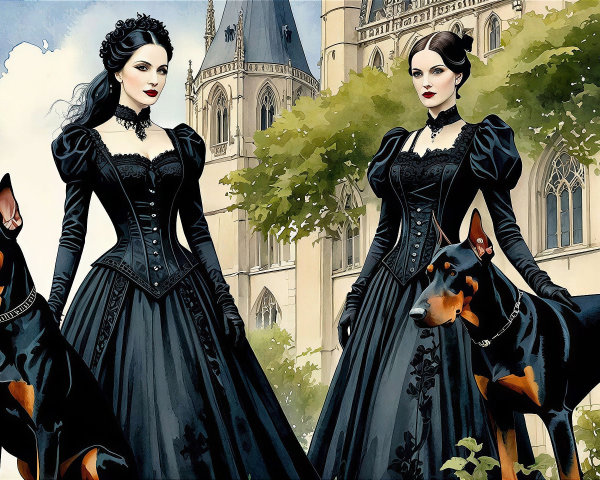 Gothic Women in Victorian Dresses with Doberman Dogs
