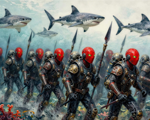 Steampunk Undersea Army with Sharks and Soldiers