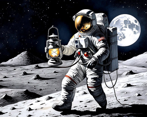 Astronaut on Moon with Vintage Lantern in Dark Sky