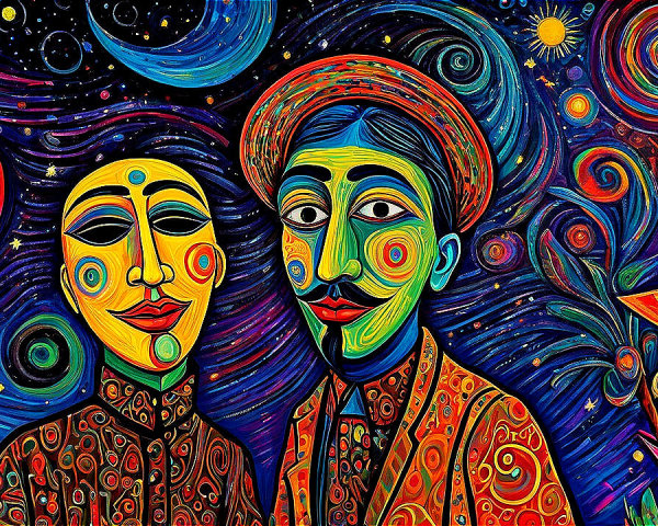 Vibrant Whimsical Artwork of Stylized Cosmic Figures