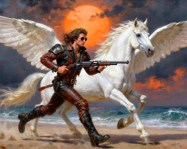 Dynamic Oil Painting of Man with Pegasus at Sunset