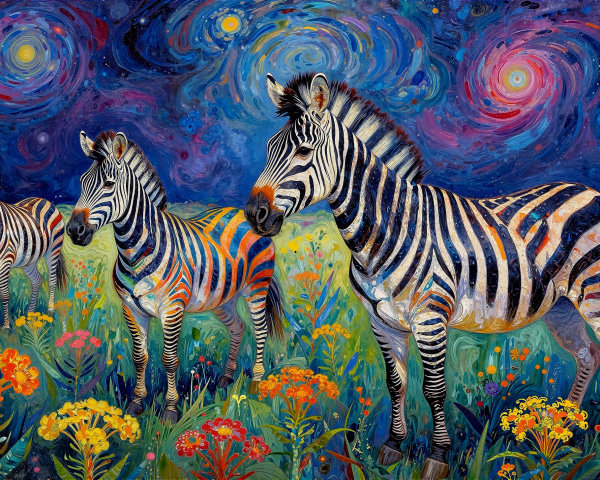Impressionistic Painting of Zebras in Wildflowers