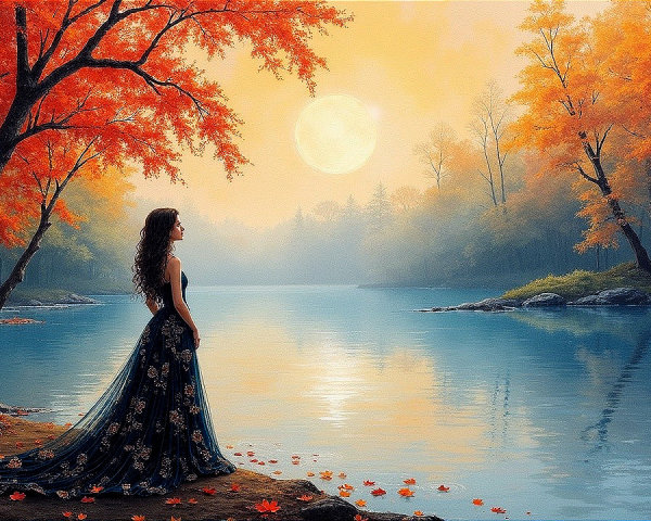 Twilight Scene with Woman by Tranquil Lake