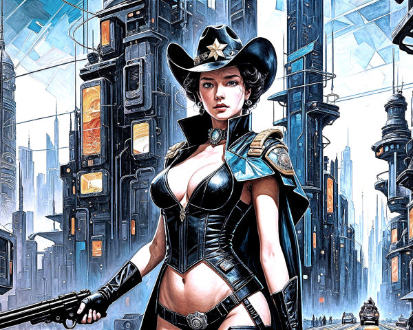 Futuristic Cityscape with Confident Female Figure