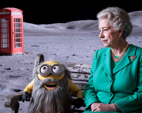 Surreal Lunar Landscape with Woman and Minion Character