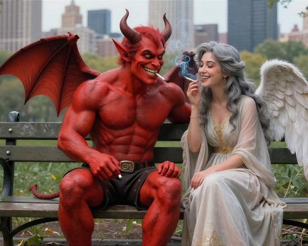 Devil and Angel Sharing a Moment in a Park Setting