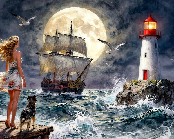 Digital painting of woman and dog on stormy pier