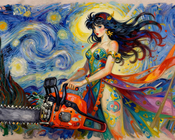 Digital Painting of Anime Woman in Starry Night Style