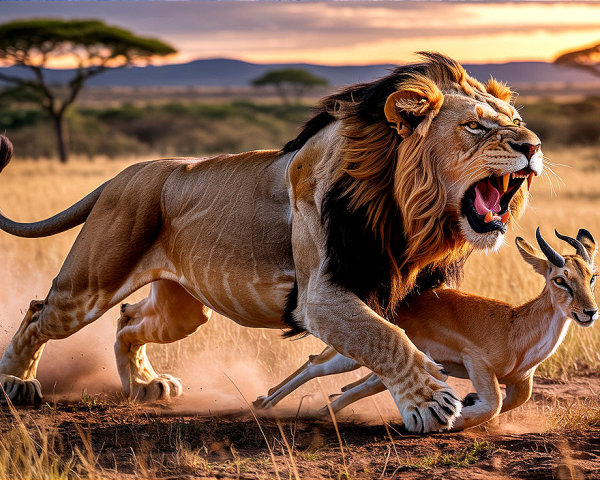 Lion Hunt in Sunlit Savanna Grassland Scene
