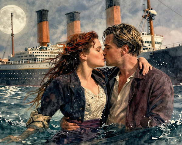 Realistic Oil Painting of Titanic Characters Kissing