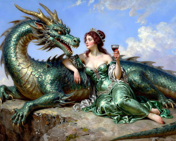 Medieval Woman and Green Dragon in Detailed Painting
