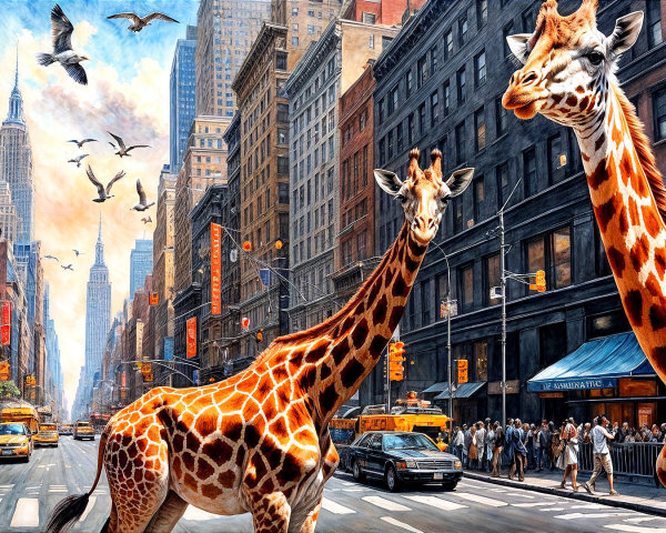 Giraffes Walking in a Bustling City Street Scene