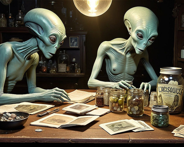Green-Skinned Aliens Examining Colorful Artifacts