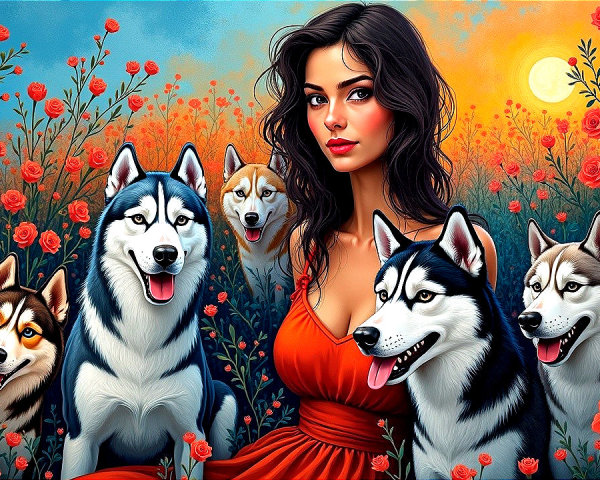 Woman in Red Dress with Huskies and Orange Roses
