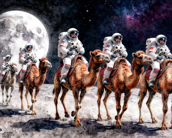 Astronauts on Camels in Lunar Landscape at Night