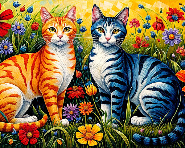 Illustration of Cats in a Colorful Flower Meadow