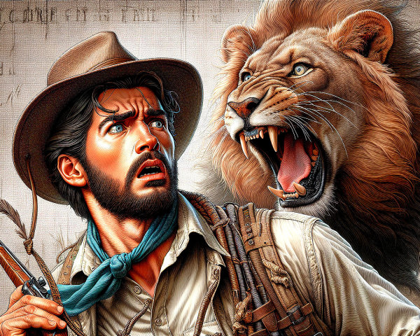 Explorer Confronts Roaring Lion in Wild Setting