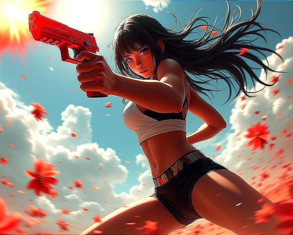 Fierce Woman with Pistol Against Blue Sky and Flowers
