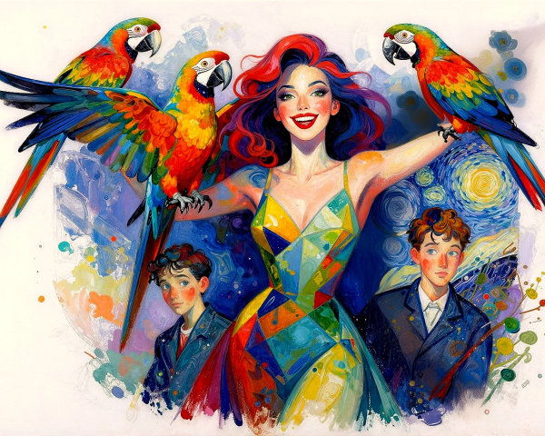 Digital Painting of Woman with Macaws and Boys