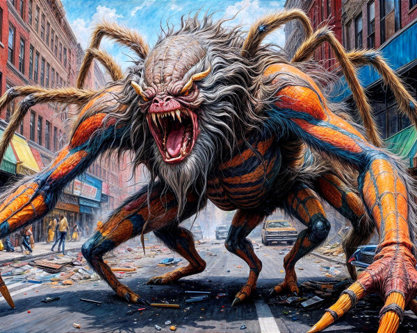Giant Monster with Spider Legs Overlooks City Street