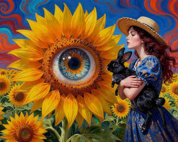 Digital Impressionist Art of Woman in Sunflower Field