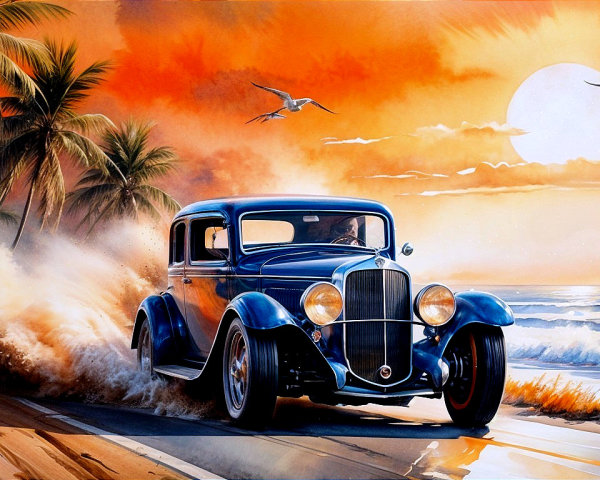 Classic Blue Car on Beach Road at Sunset