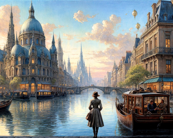 Serene Waterfront Scene at Sunset with Period Dress