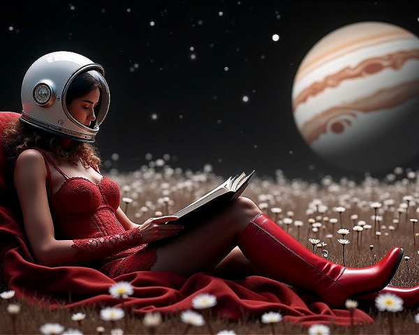 Young woman in astronaut gear reading in a field