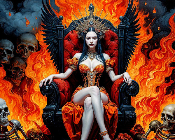 Dark Fantasy Painting of a Female Demon Queen in Hell