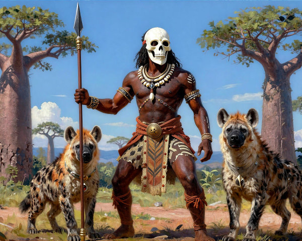 African warrior in desert with hyenas and spear