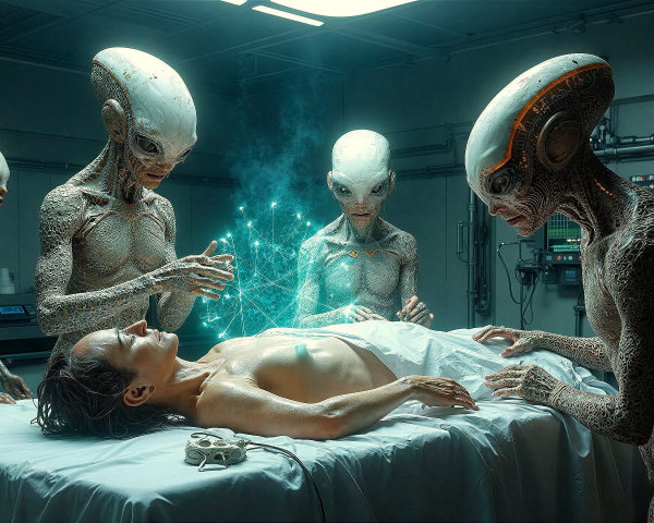 Grey Aliens in Futuristic Operating Room with Human Woman