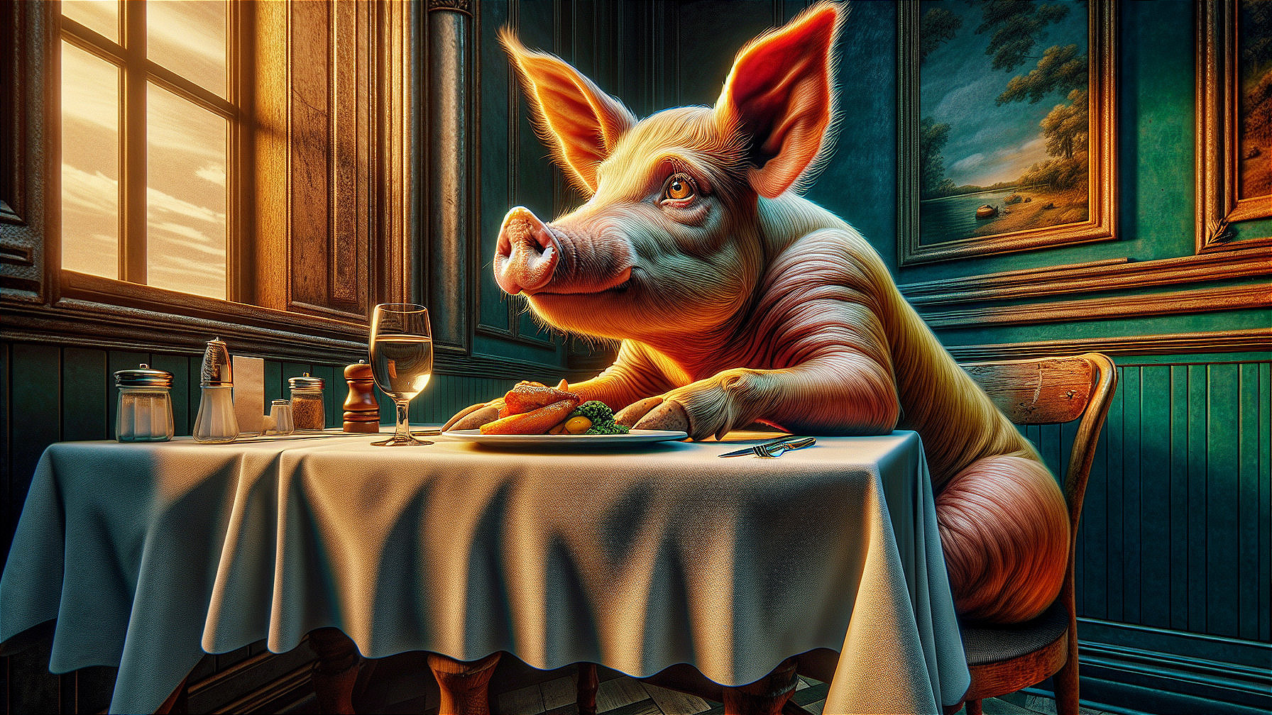Pig at Dining Table in Cozy, Warmly Lit Room