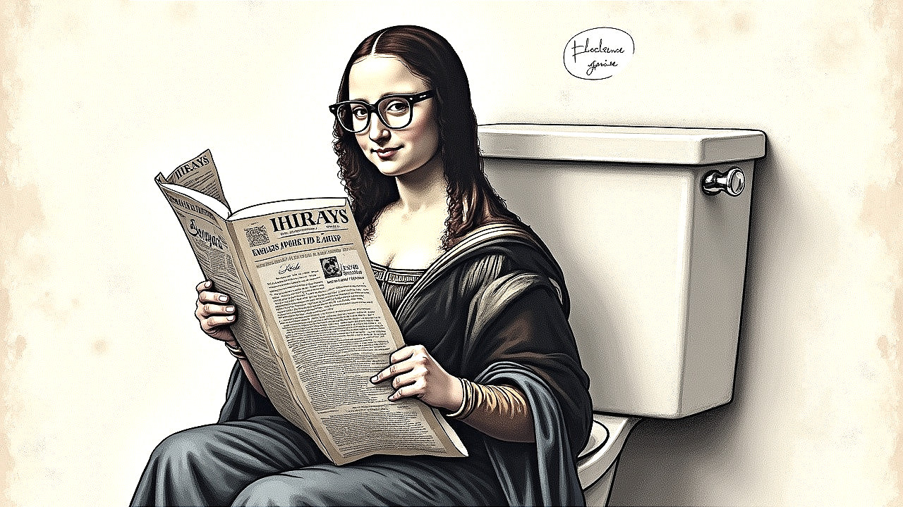 Whimsical Artwork of Mona Lisa on a Toilet Reading