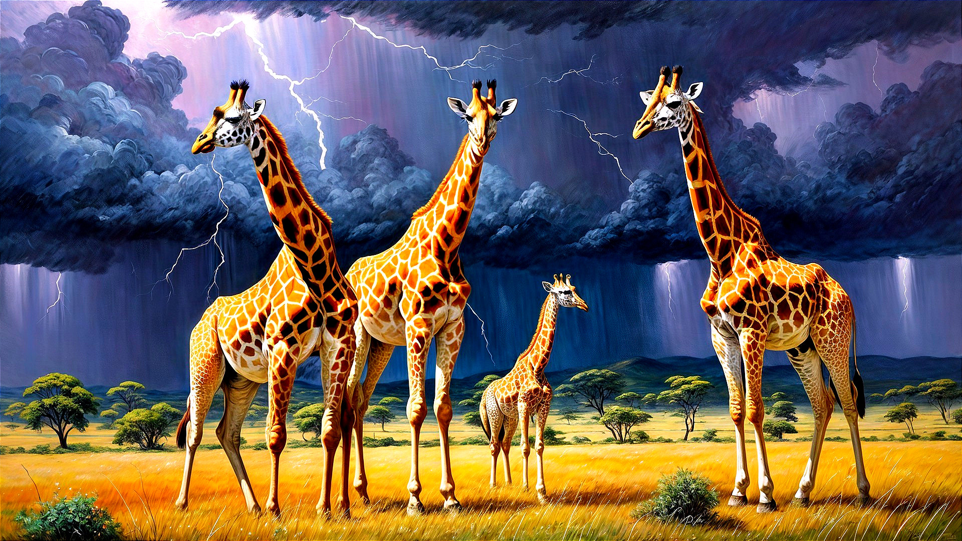 Giraffes in a Golden Savanna Under Stormy Skies