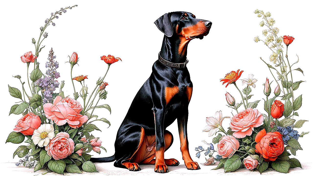 Doberman Surrounded by Vibrant Flowers and Bouquets