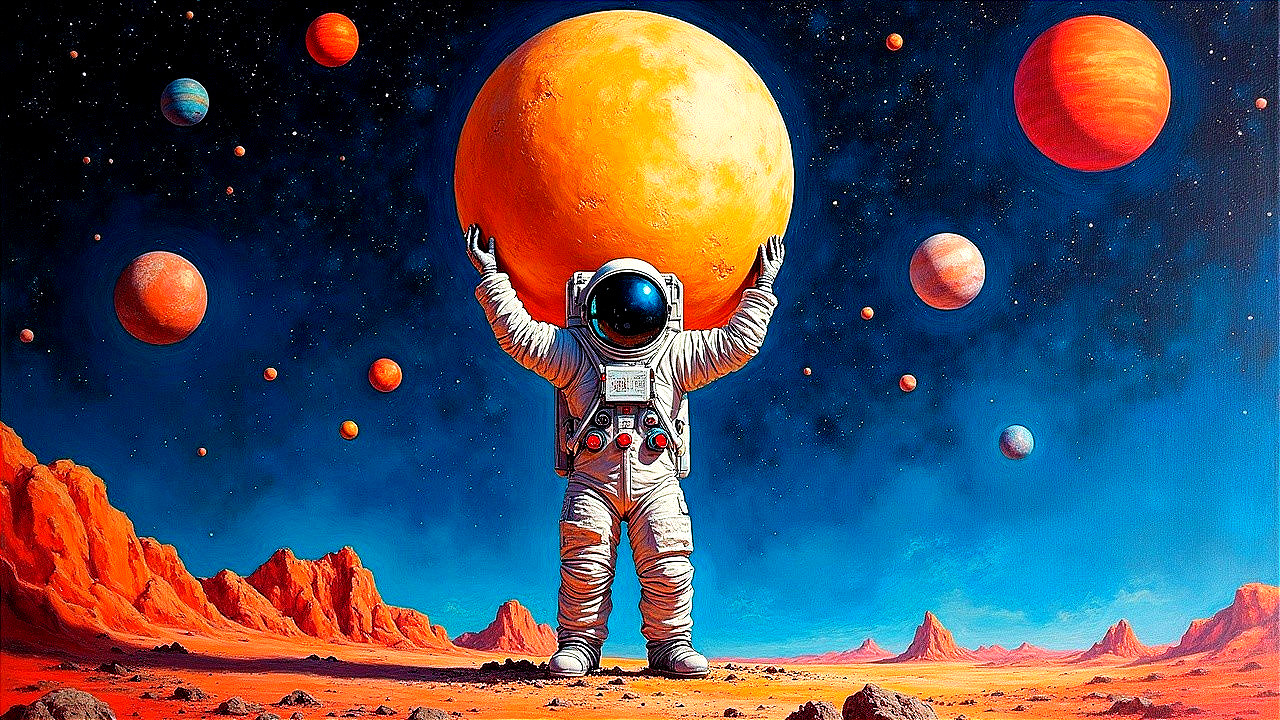 Astronaut in Cosmic Landscape with Glowing Planet