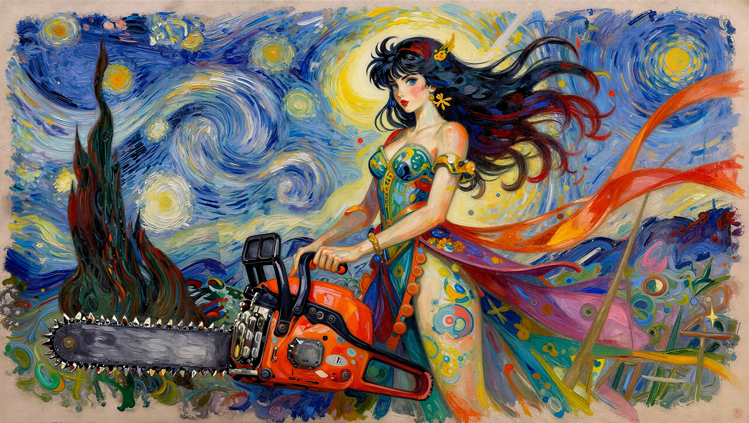 Digital Painting of Anime Woman in Starry Night Style