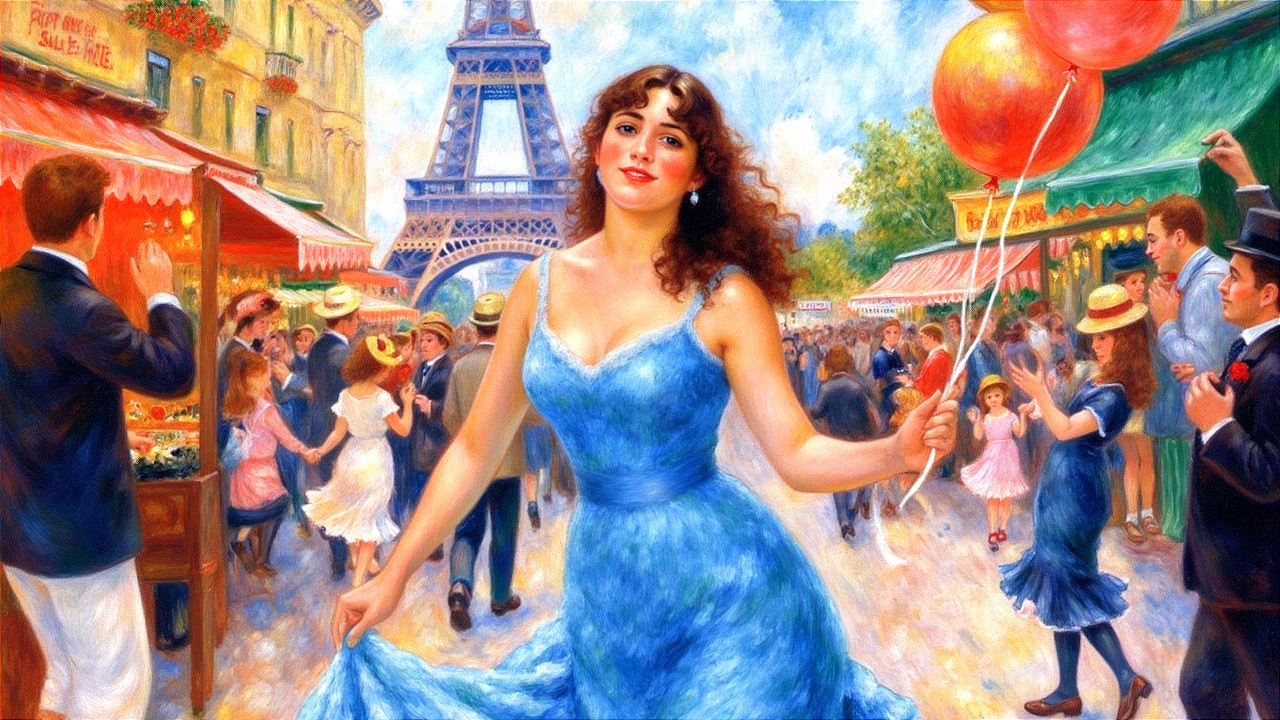 Vibrant Parisian Street Scene with Colorful Balloons