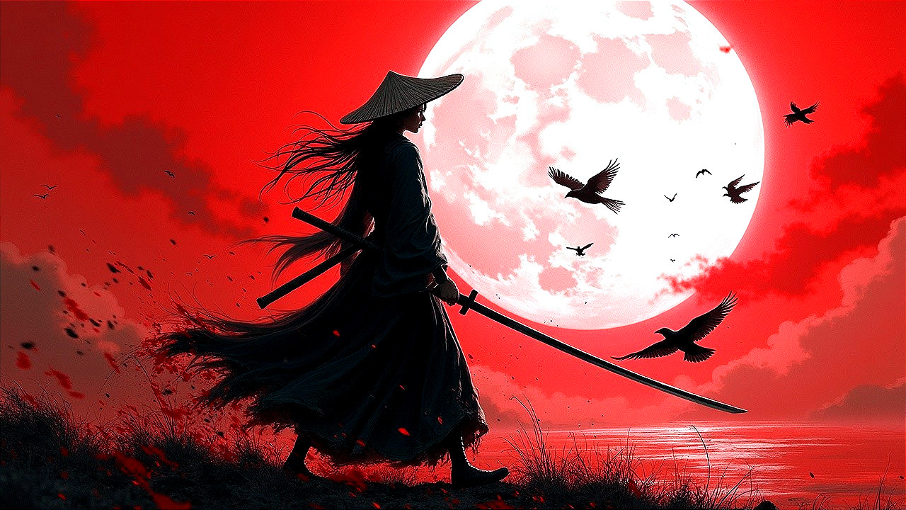Lone Warrior Silhouetted by Vibrant Red Moon