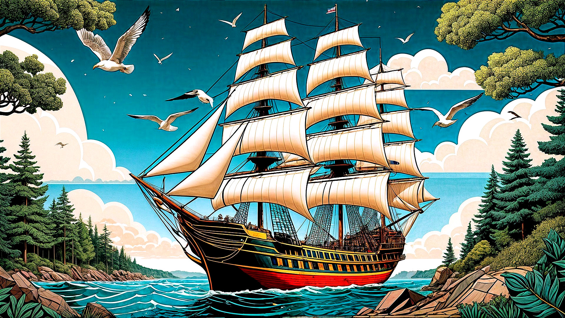 Vibrant Sailing Ship on Serene Blue Sea Scene