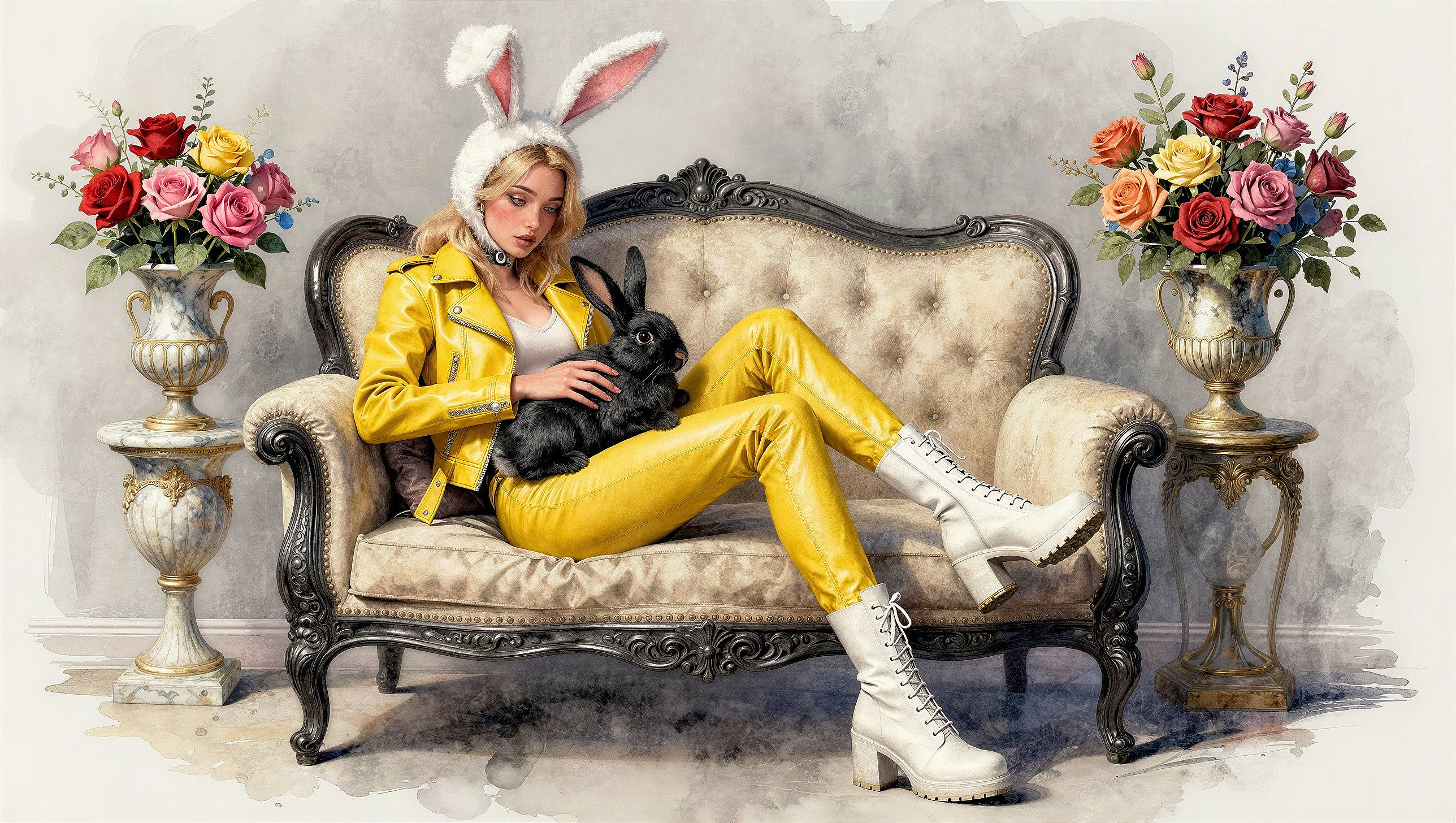 Young woman in bunny ears with a black rabbit on lap