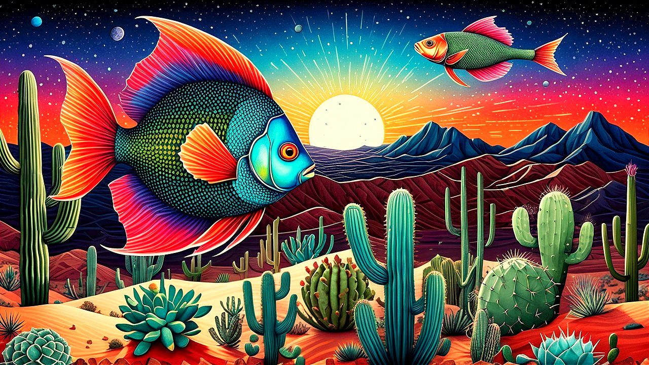 Surreal Landscape with Fish in Desert at Sunset