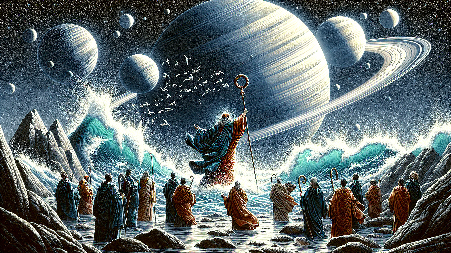 Cosmic Scene with Majestic Figure and Hooded Figures