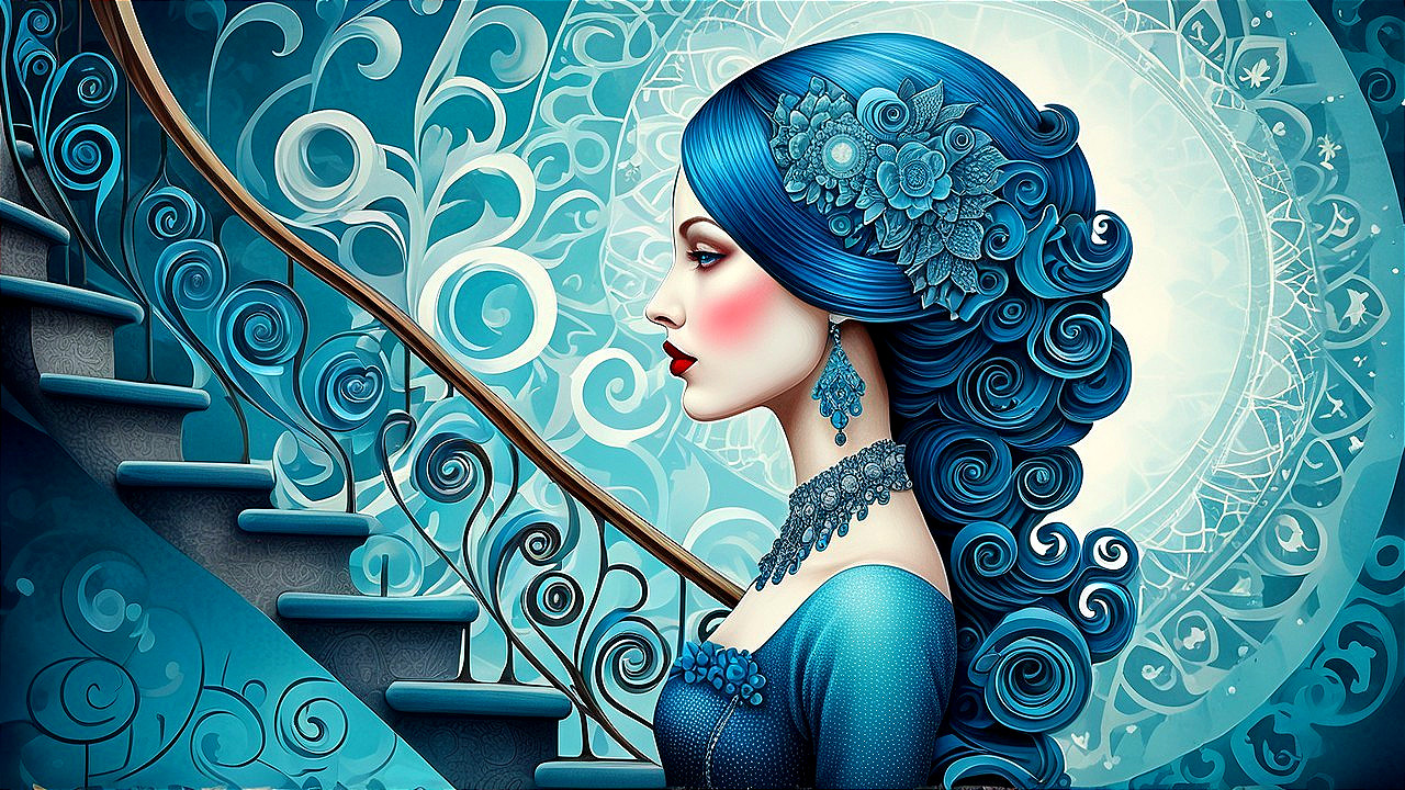 Profile of a Woman with Blue Hair and Floral Accents
