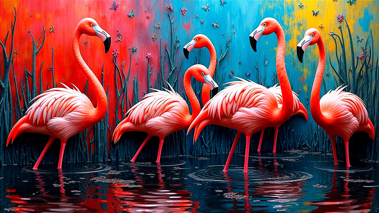 Vibrant Flamingos in Colorful Natural Setting