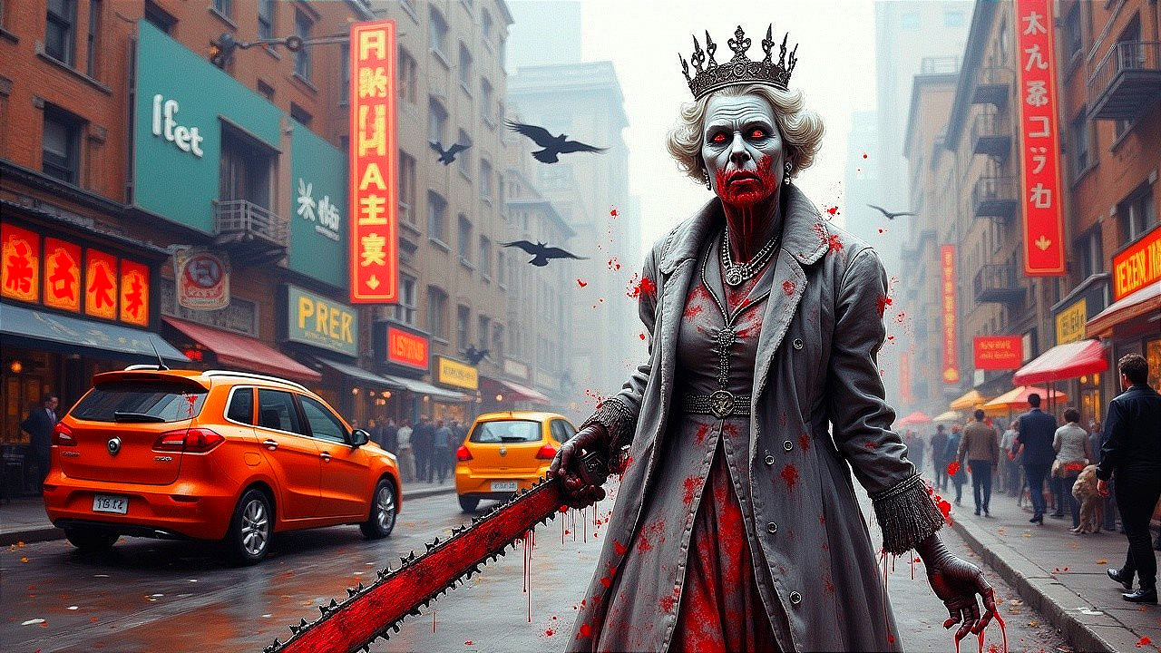 Regal Figure with Chainsaw in Foggy Urban Setting